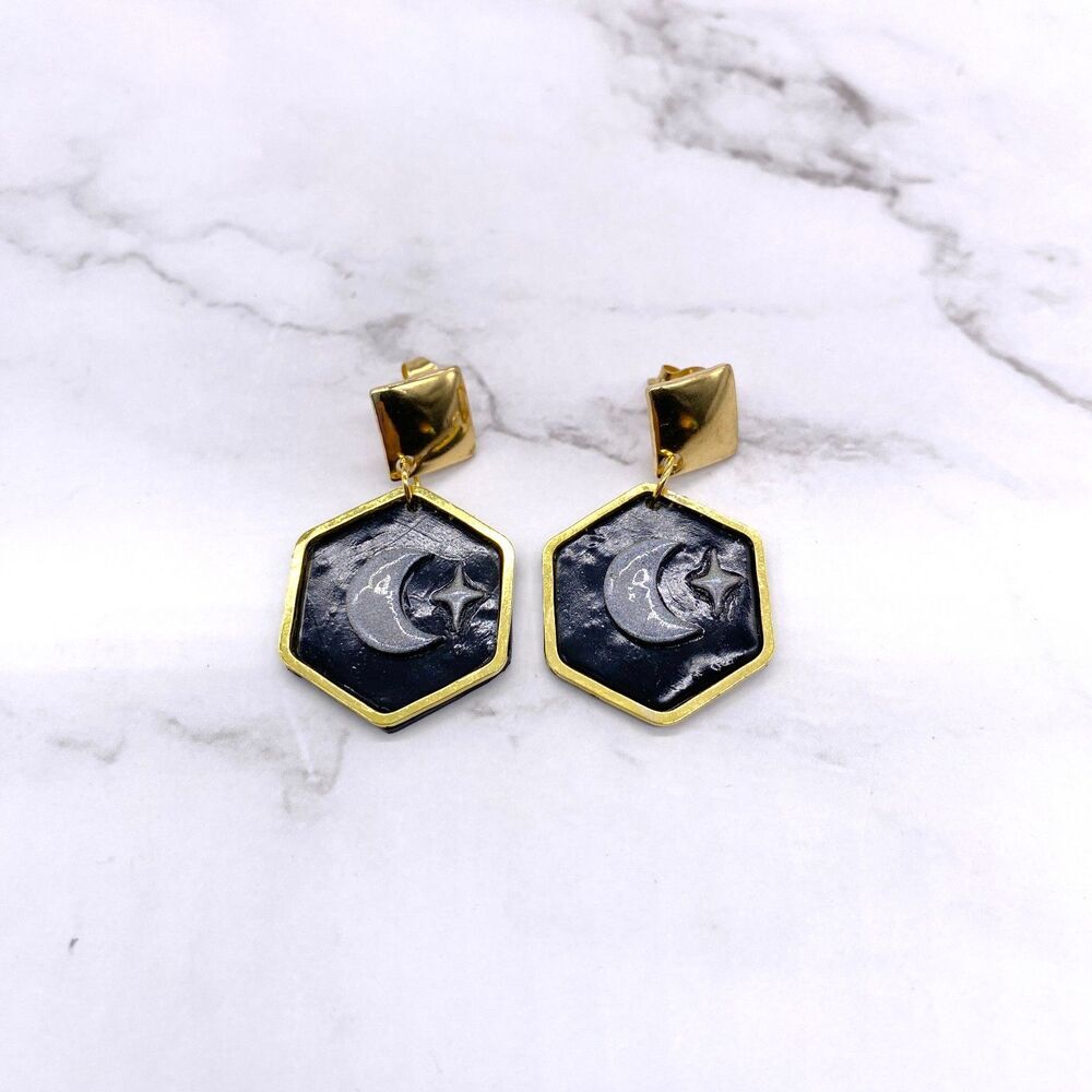 Black Holographic Celestial Crescent Moon Dangle Stud Earrings - Picture 12 of 15